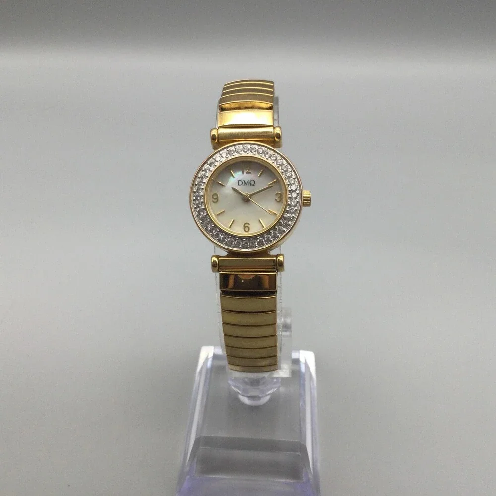 DMQ Womens Watch 24mm MOP Dial Gold Tone Crystals Stretch Band New Battery